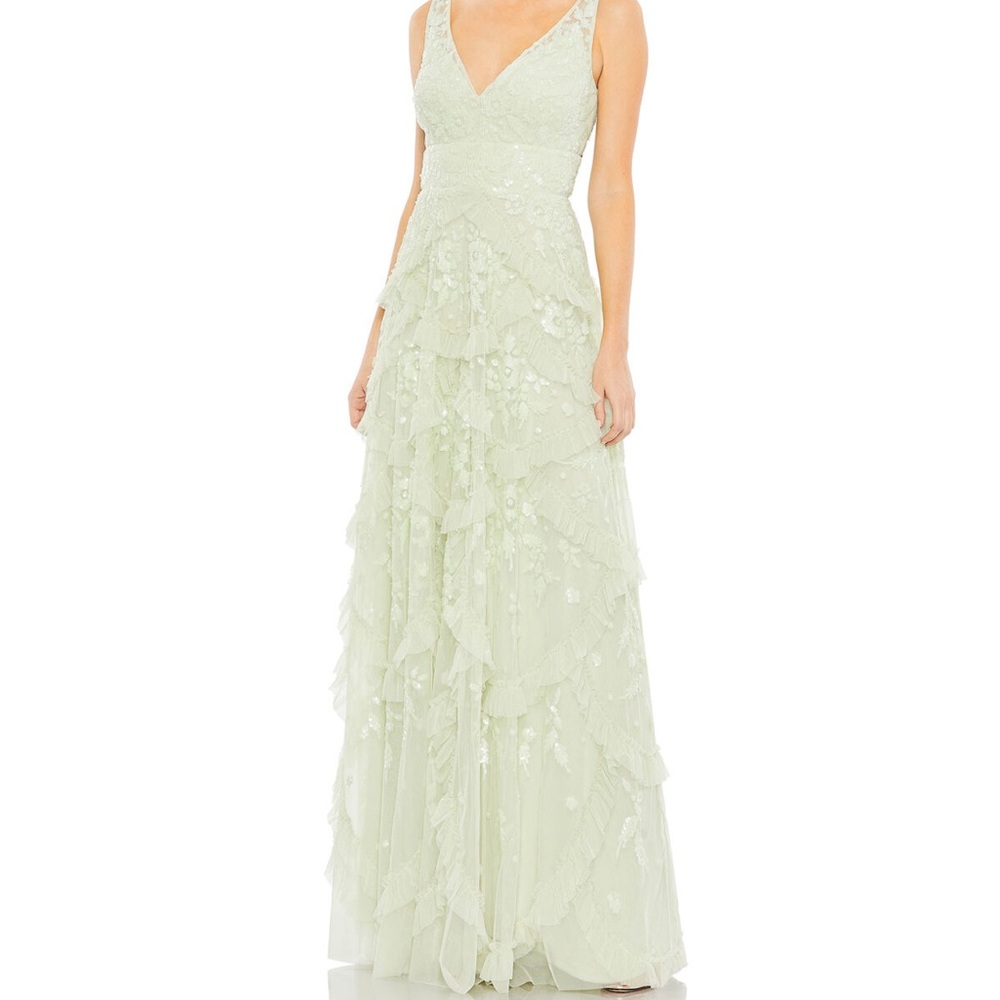 NWT Mac Duggal Sz 18 Sage Lace Tiered Ruffle Maxi Gown 9162